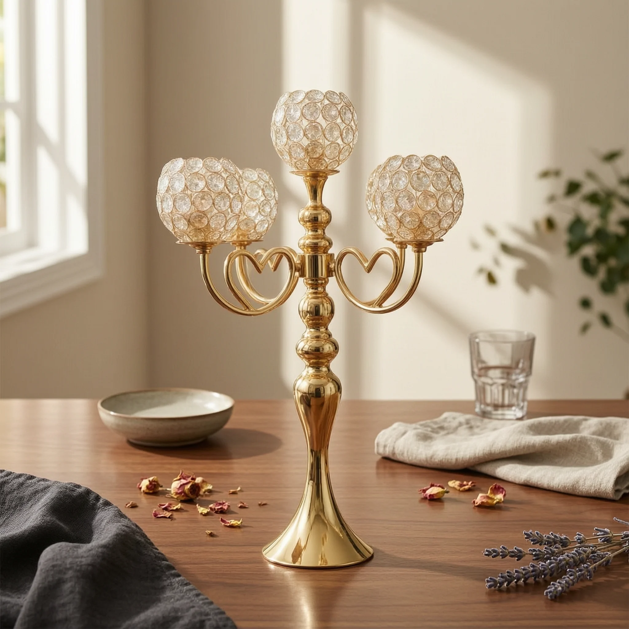 Candelabra with Crystal Beads Gold-Toned Candle Holder with Five Heads Candle Holder with Crystal Bowls Tall