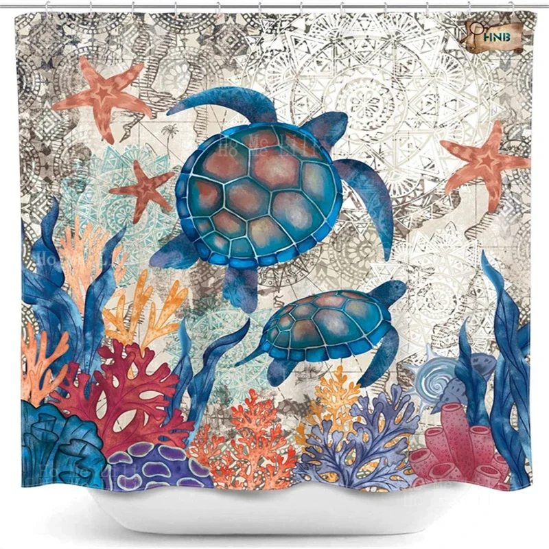 Blue Whale Coastal Teal Sea Turtles Watercolor Underwater World Theme Psychedelic Colorful Printing Shower Curtain