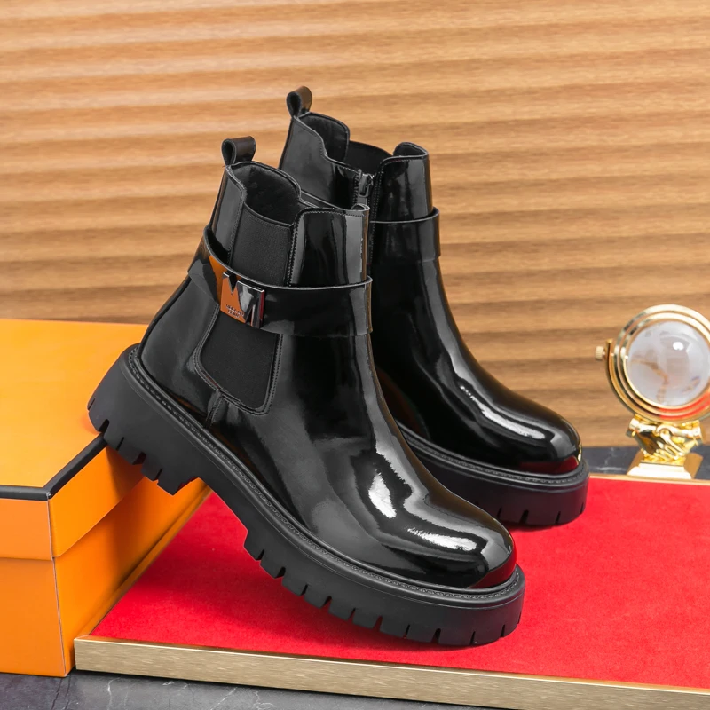 Casual Chelsea Boots Men Mid Calf Dress Shoes Business Formal Patent Leather Slip-On Ankle Boots Fashion High Top Leather Shoes