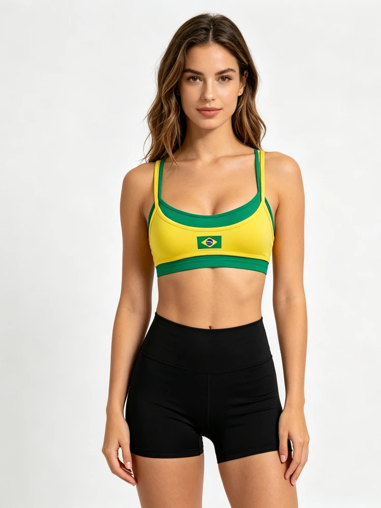 Women Brazil Flag Double Strap Bikini Top, Color Block Layer Scoop Neck Swim Top Summer Beach Y2K Swimsuit Top