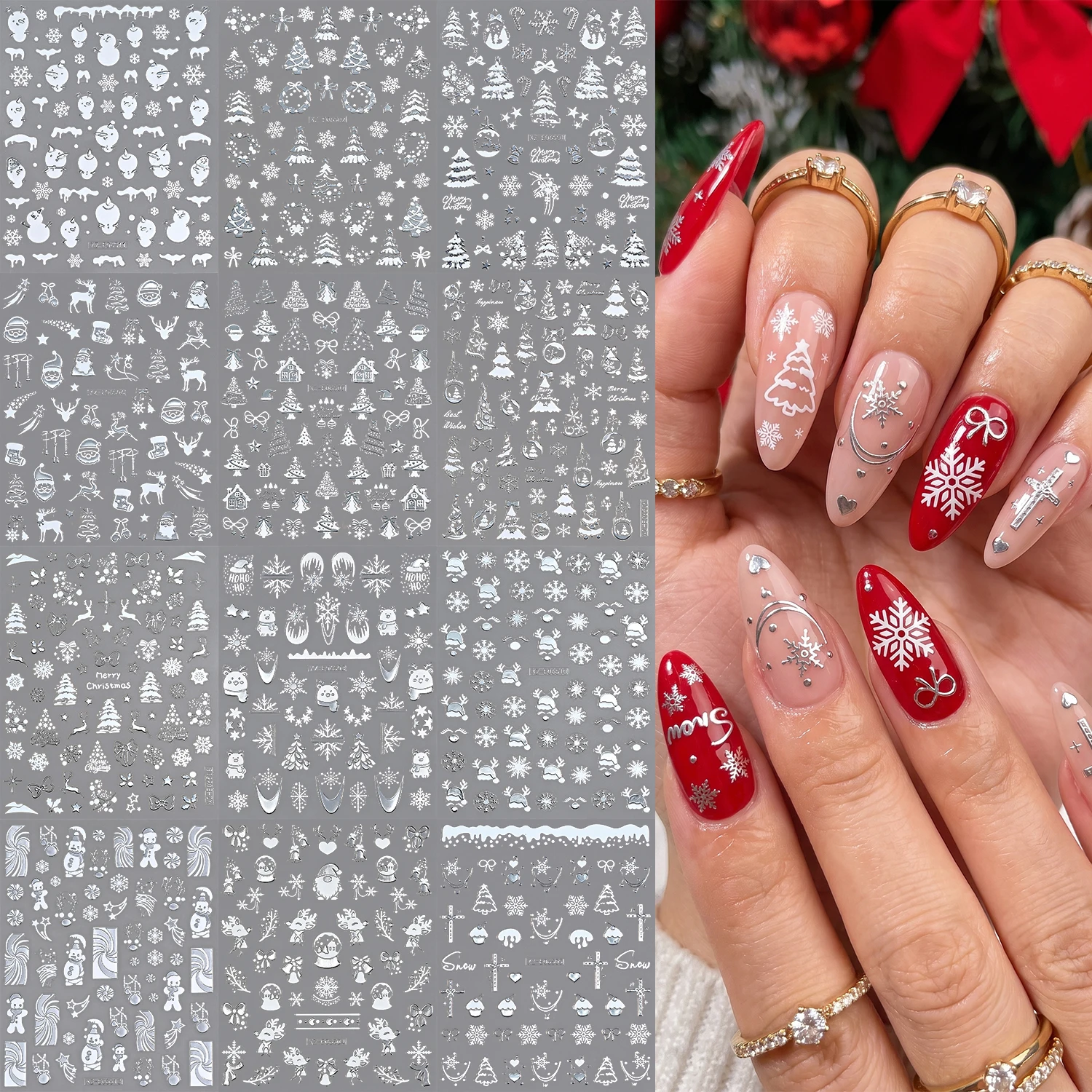 12Pcs/set Silver White Glitter Christmas Nail Sticker 3D Winter Xmas Tree Elk Snowball Candy Cane Snowflake Nail Decals DIY Deco