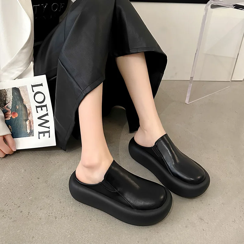 Spring and Summer New Retro Mules Slippers Thick Bottomn Casual Slip on Women's Shoes Solid Baotou Half Slipper Female Outside