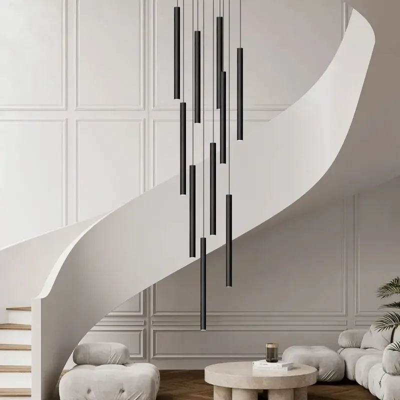 Modern Minimalist Stair Chandelier Duplex Building Villa Long LED Pendant Light Lighting Dining Living Room Tubular Hanging Lamp