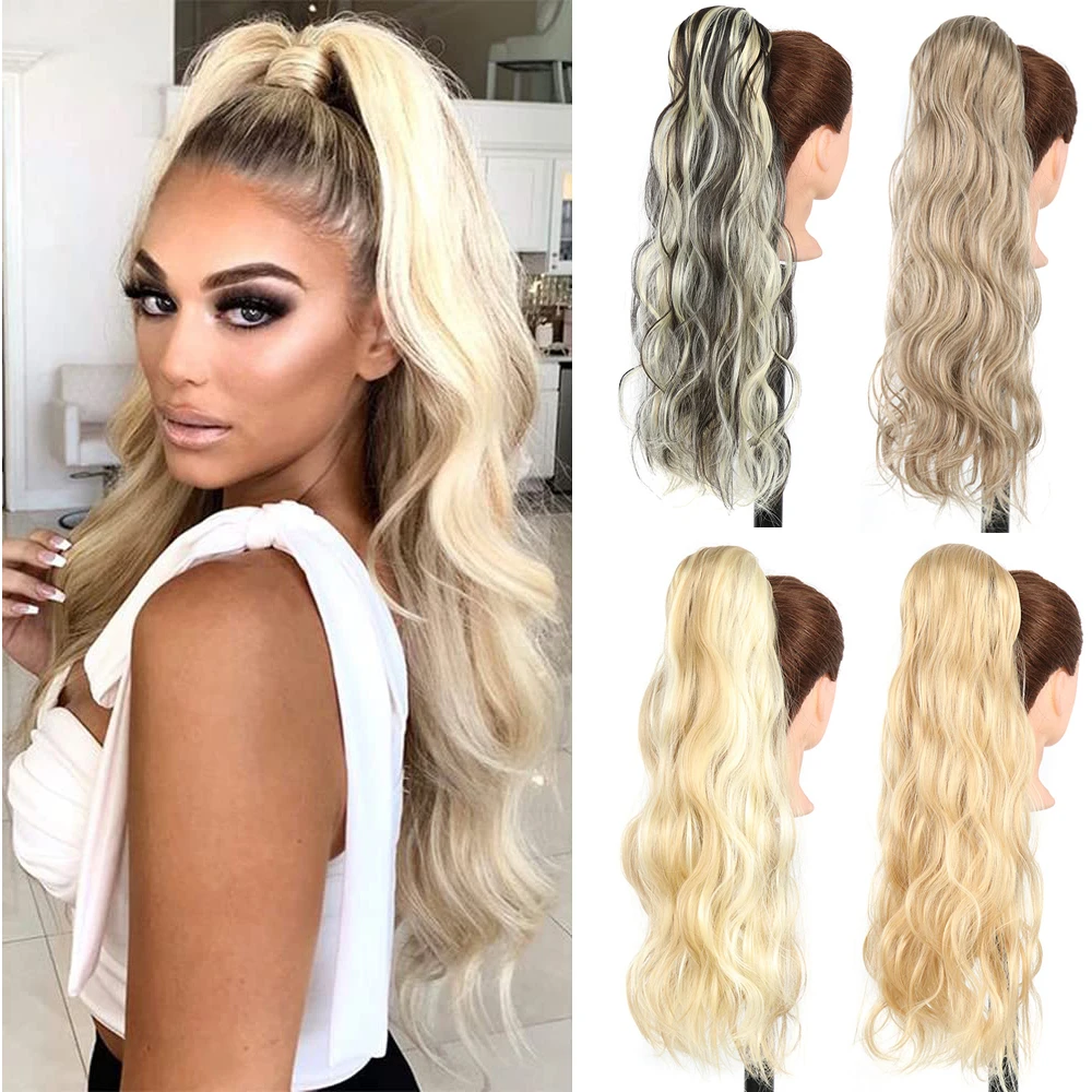 

Synthetic Wave Ponytail Long Hollywood Wave Ponytail Wrap Around Body Wave Clip in Hairpiece Blonde Curly Ponytail for Women