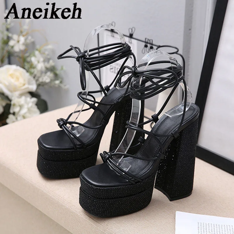 Aneikeh 2024 Fashion Sexy Platform Super High Heel Women\'s PU Open Toe Crystal Edging Thick Heel Lace up Sandals Party Nightclub