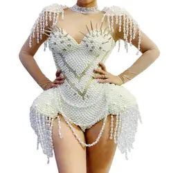 Costume de batterie RiSALE avec perles et pompons pour femmes, justaucorps de séparés euse, franges blanches sexy, olympiques de scène DJ Showgirl, discothèque