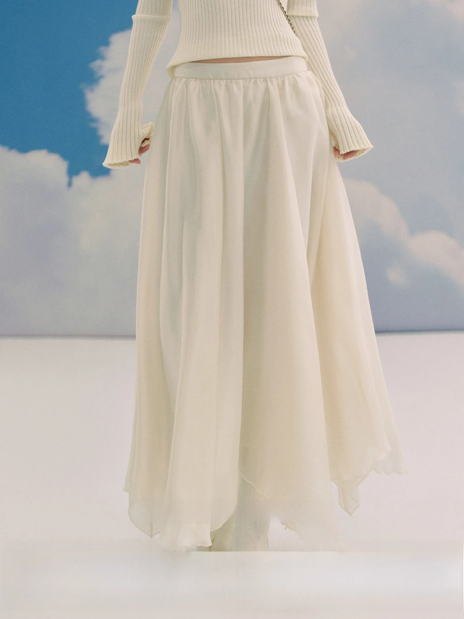 

LaluneDuCiel Long Atmosphere Sensation Elegance Half-length Silk Skirt Casual Mid-waist A-line Skirt Polyester Fabric