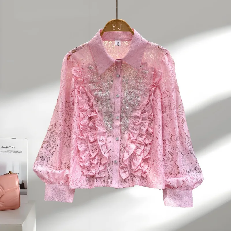 Franse stijl licht luxe socialite zwaar borduurwerk kralen pailletten shirt met lange mouwen voor dames, modieus veelzijdig hol