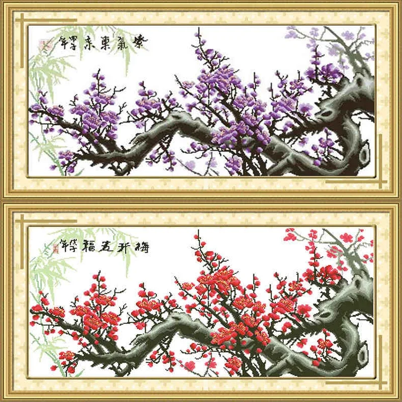 QIANZEHUI,Needlework,DIY Purple east plum accurate printing cross stitch, Landscape scenery ,Wall Home Decro