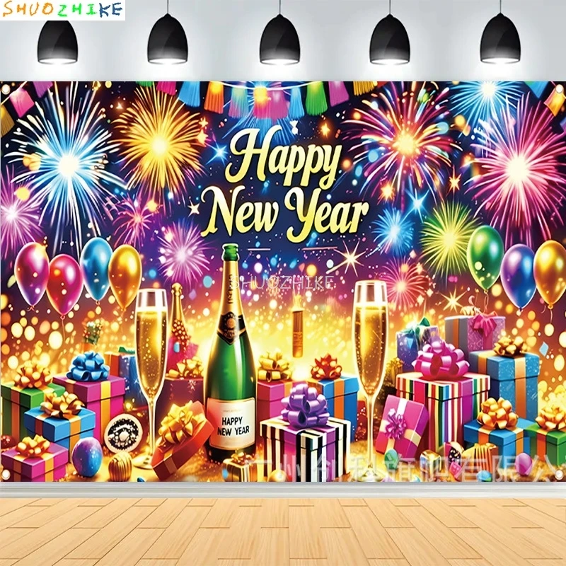 

2026 Gold Happy New Year Background Glitter Clock Champagne Lights Balloons Christmas Family Party Photography Backdrop SZ-18