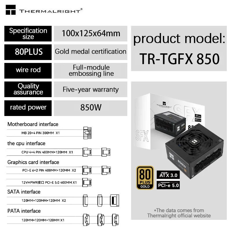 Imagem -05 - Medalha de Ouro Fonte de Alimentação de Mesa 750w Módulo Completo 850w 550w Sfx Pequeno Computador Anfitrião Itx Thermalright-tgfx650w