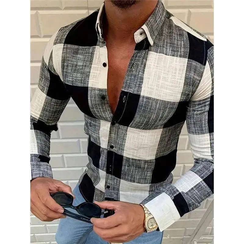 Plaid Linen Men's Long Sleeve Shirt CleanFit Cuban Collar PU Leather Fleece Lined Summer Unisex Inner Wear Three-Quarter Sleeve