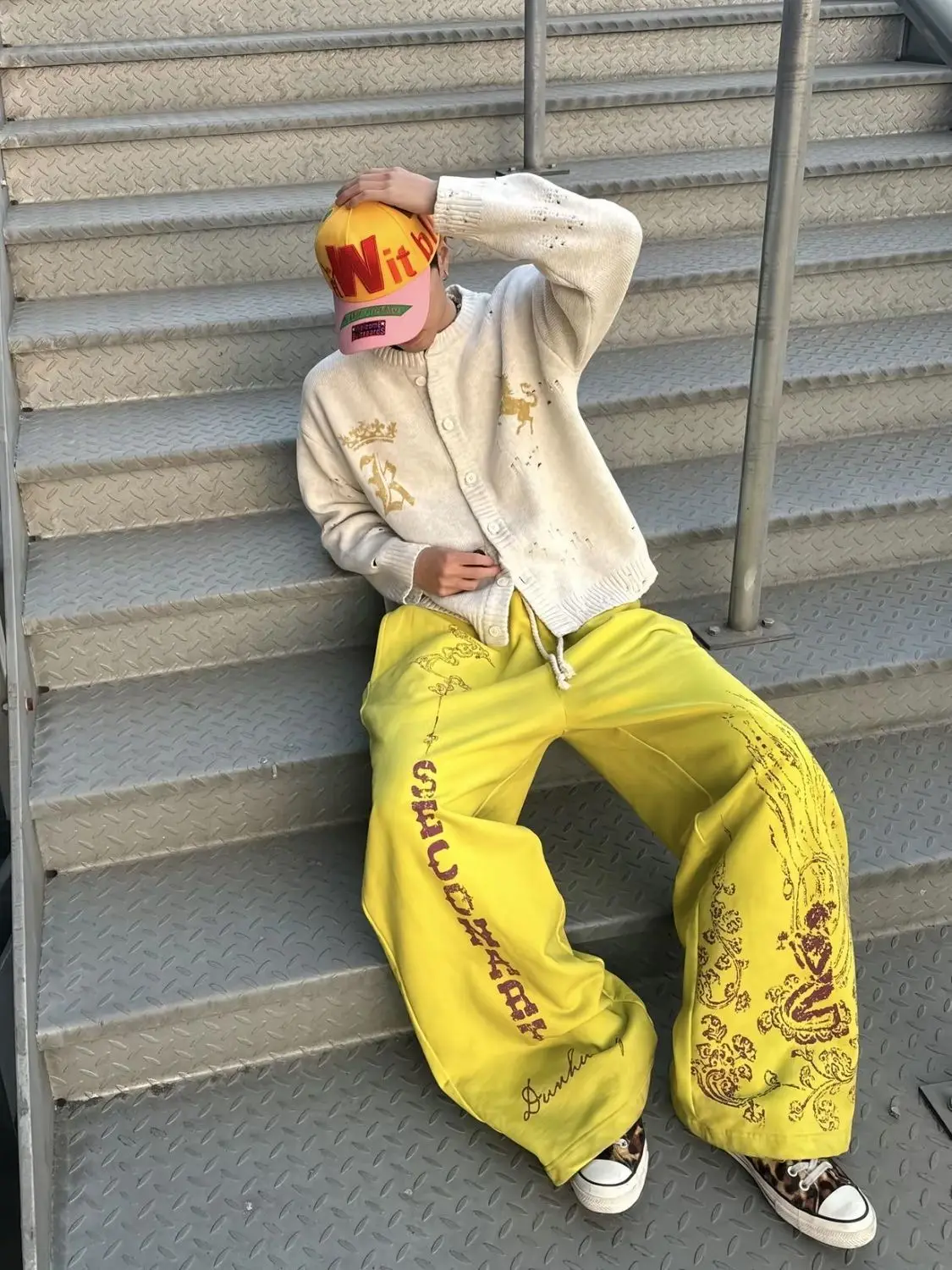 Men's Fashion Printed Yellow Sweatpants Sporty Style Summer Thin Pants Retro Cool Boys Bottoms Male Wide Leg Straight Trousers