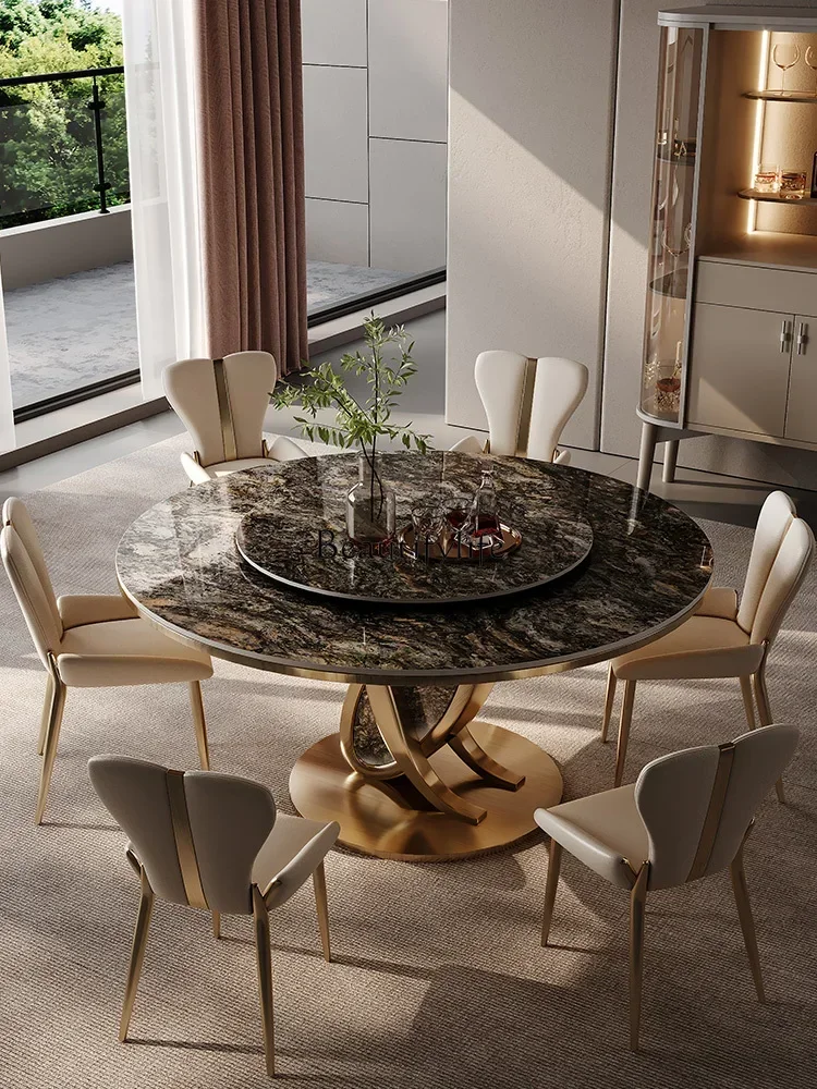 FGRound rock slab dining table modern simplicity with turntable stone marble home light luxury