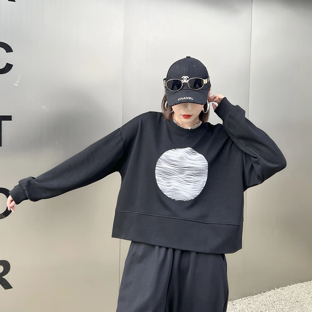 

230824 Full Sleeve O-neck Simplicity Female Sweatshirt Print Pullover Loose Casual 2023 Autumn Women New Fashion Top