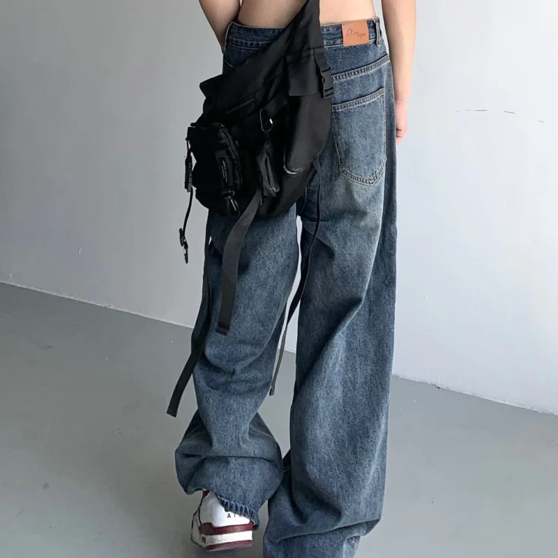 Harajuku Retro Jeans For Women Men Ins Loose Straight Legged Wide Leg Pants Solid Color Trendy High Street Daddy Trousers