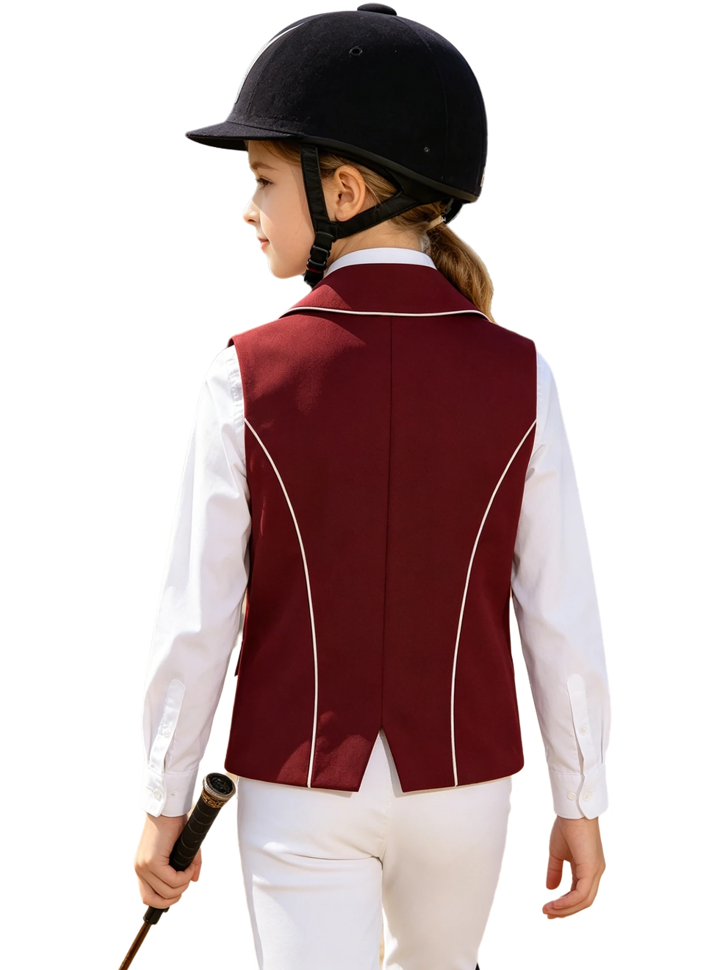Girls Horse Riding Waistcoat Contrast Trim Hem Button Pockets Breathable Stretchy for Equestrian Show Training Competition