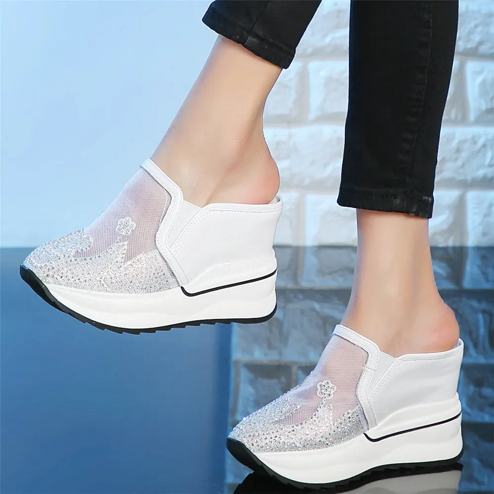 

Rhinestones Slippers Women Breathable Lace Super High Heel Roman Gladiator Sandals Female Round Toe Platform Pumps Casual Shoes