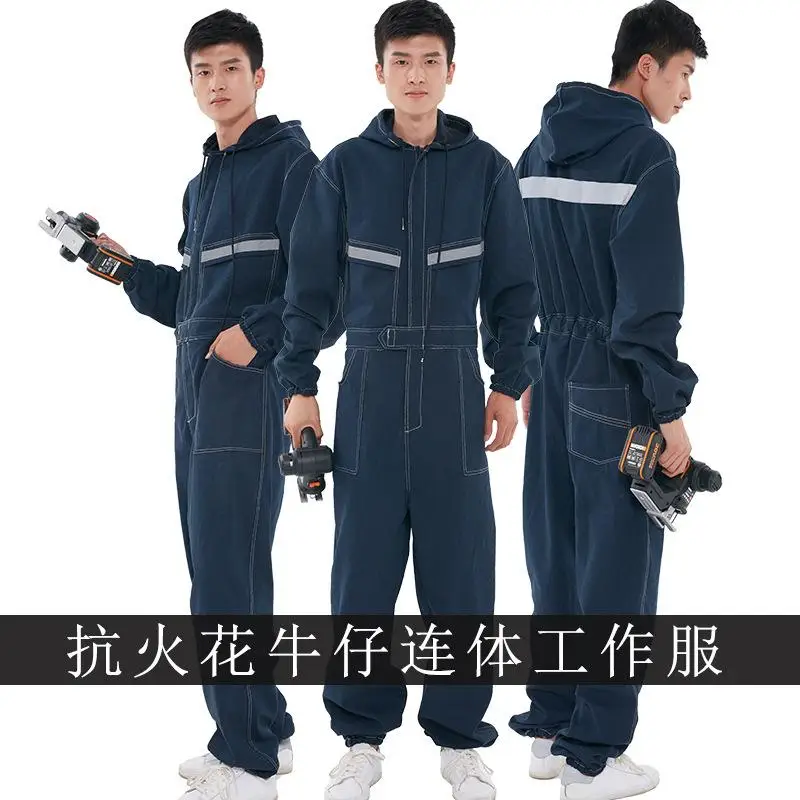 Men‘s Long Sleeved Jumpsuit Coverall Suit Reflective Stripes Printed Logo Workshop Work Clothes Welding Painting Worker Cowboy