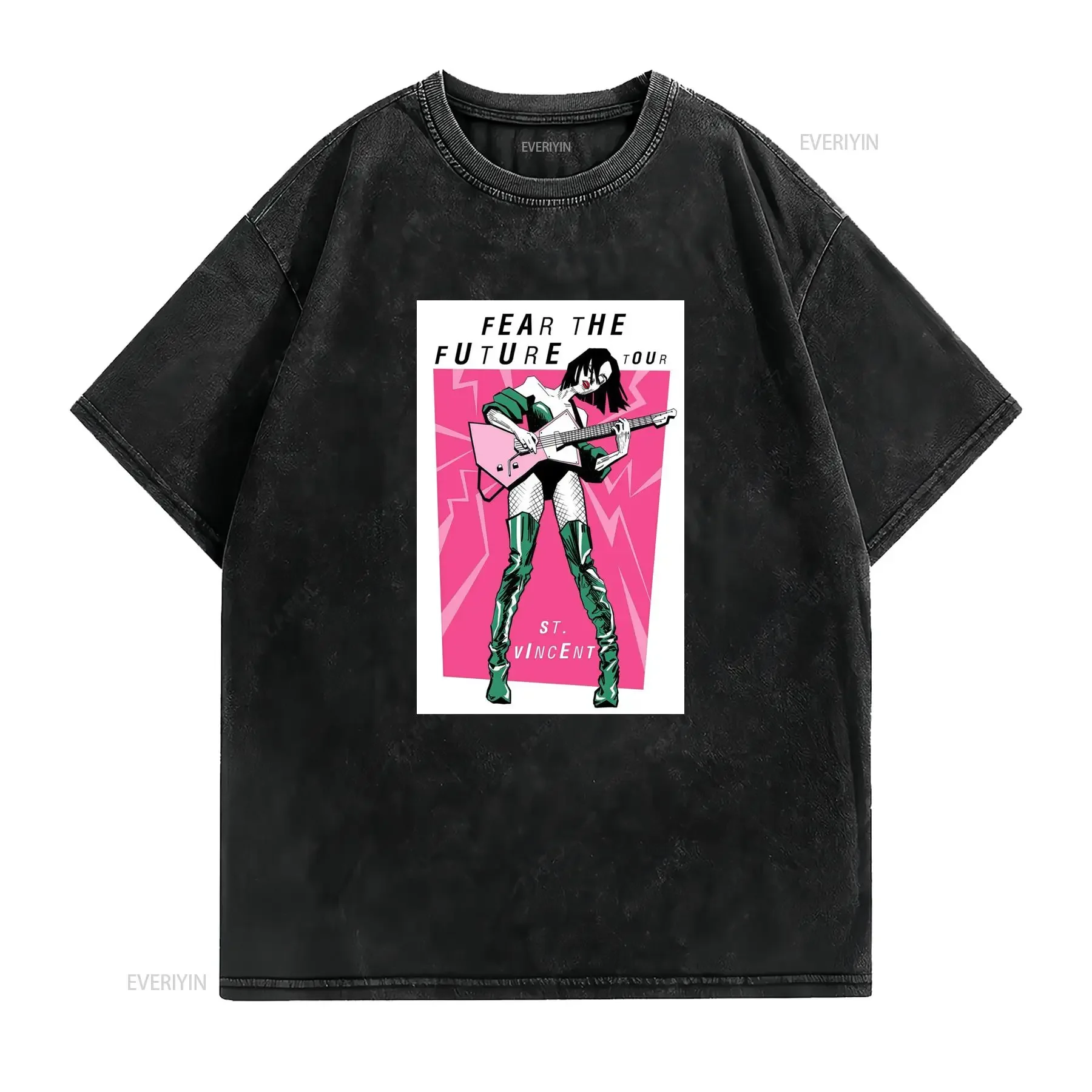 Retro Streetwear Rock Music Fear The Future Tour Female Guitarist Print Casual T Shirt vintage Washed Comfortable Slightly