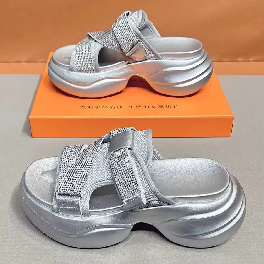 Crystal Open Toe Women Slippers Silver Thick Bottom Sandals Summer Outdoor Dress Shoes Zapatos Mujers