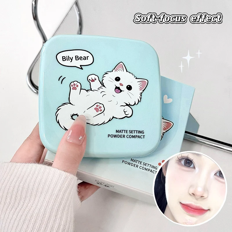 BILY BEAR Matte Setting Powder Compact Oil Control Soft Focus Pressed Powder Long Lasting Face Makeup with Mirror & Puff
