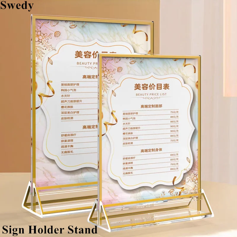 A5 Acrylic Sign Holder Gold Borders Restaurant Menu Paper Holder Display Stand Wedding Table Number Picture Photo Art Frame