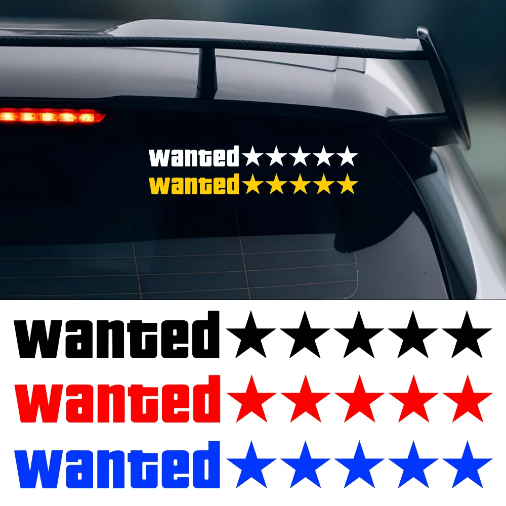 2pcs Car Stickers Waterproof Wanted Five Star Wanted Decal Reflective Sticker Auto Door Window Bumper Decoration Accessories