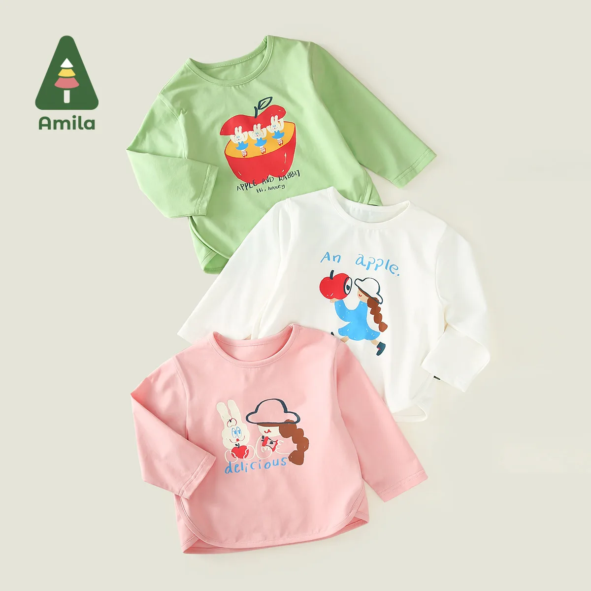 Amila 2024 Spring New Girl\'s T-Shirt Skin-Friendly Soft and Breathable Cotton Solid Color Cartoon Print Pullover