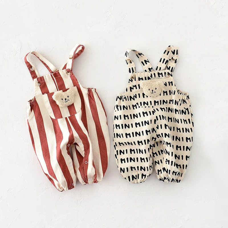 Striped Baby One Piece Rompers 2026 Spring New Infant Baby Overalls Bear Doll Infant Girls Jumpsuits Boys Bottoms Outfit