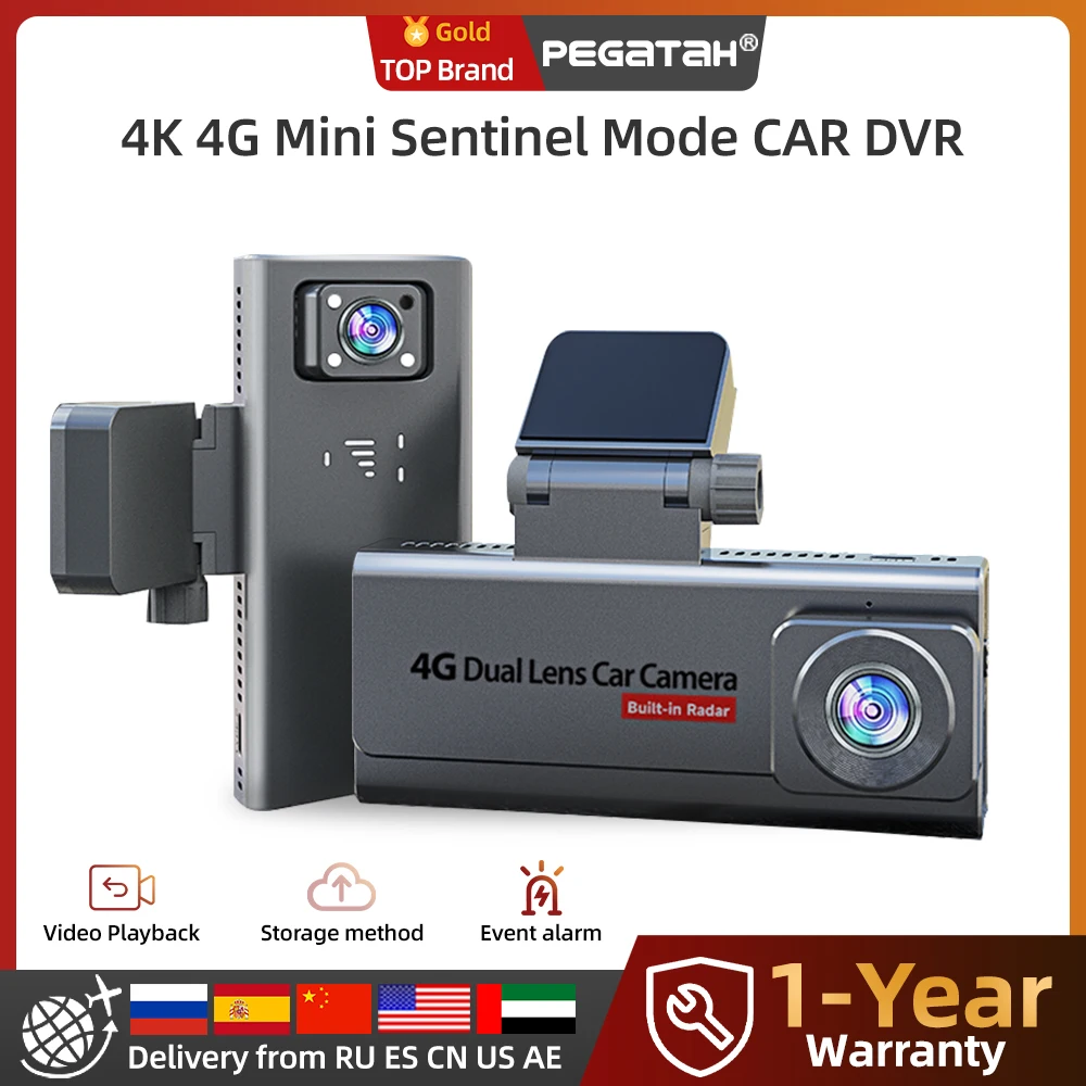 PEGATAH 4G Sim Car Surveillance Cam 4K HD Dual Lens Dashcam GPS Human Detection All Round 6 Months Long Standby Parking Monitor