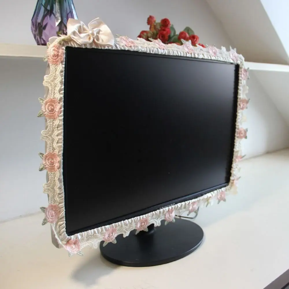 Bow Tie Computer Monitor Cover Soft Fabric Lace Design Monitor Dust Cover Cute Decorations Elastic Computer Frame Protector
