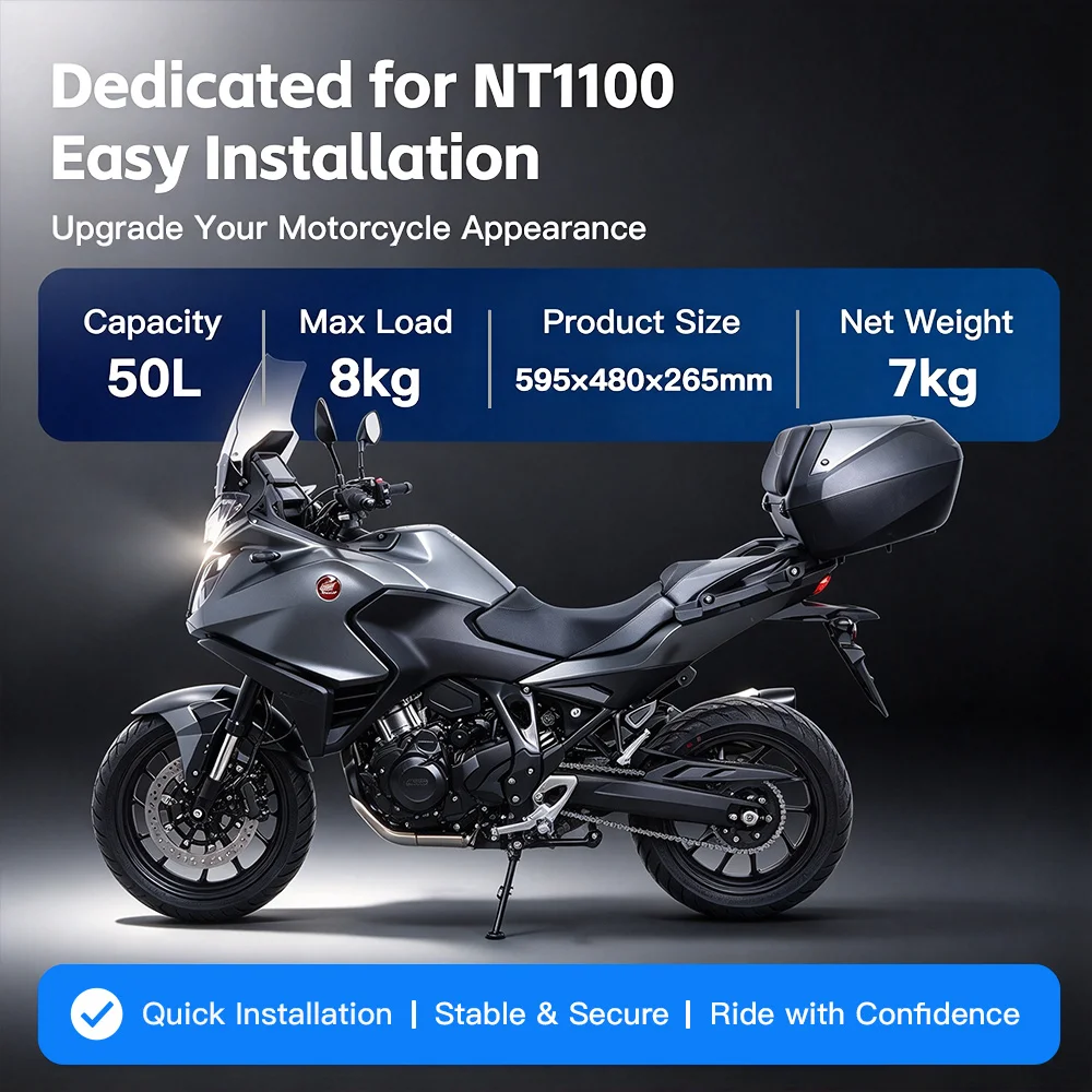 50L Adventure Bike Luggage Trunk, Dedicated Fit, Non-Invasive Fitting, Rapid Release, Assorted Colors Top Box for Honda NT1100