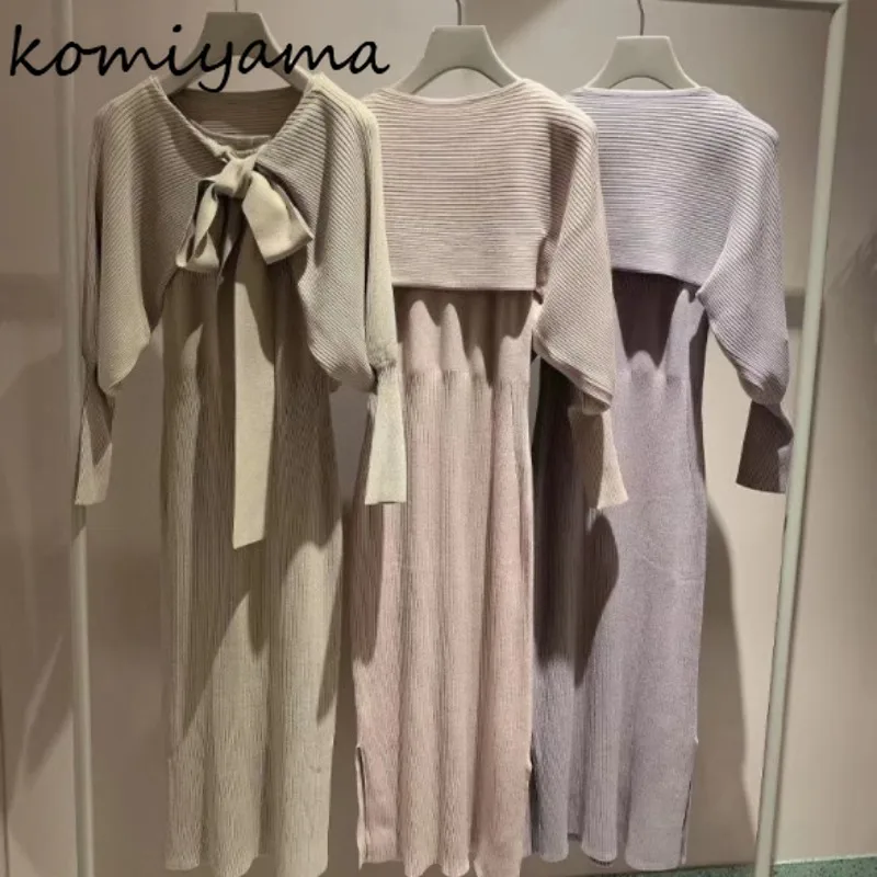 Japanese Two Piece Set for Women Lantern Long Sleeve Lace Up Bow Sweater + Vest Split Dress Spring 2025 Knit Vestidos Suits