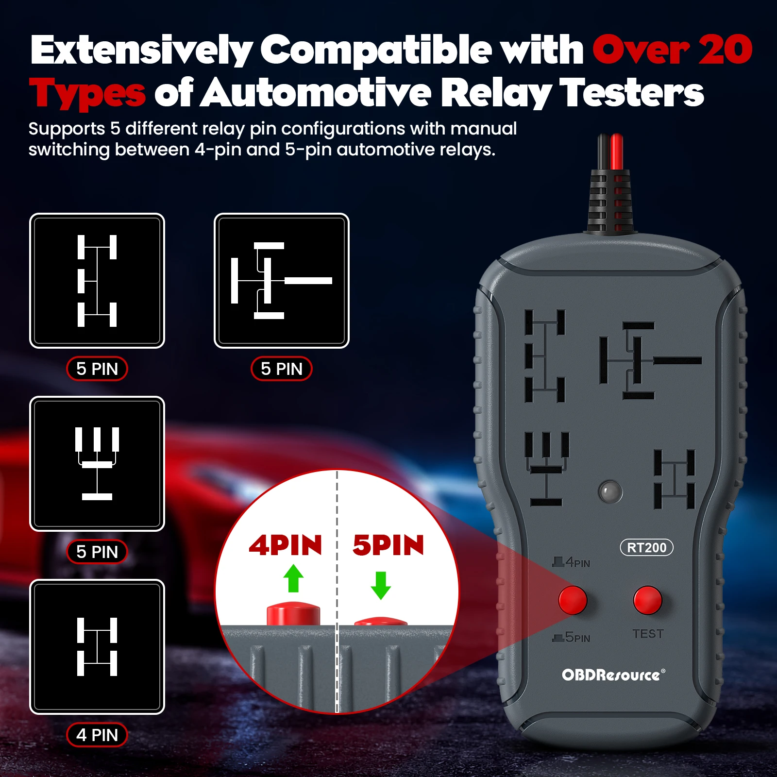 Car Relay Tester 12V/24V, 4Pin/5Pin Automatic Relay Detection Diagnostic Tool for Relay Tester with 4 Different Foot Positions