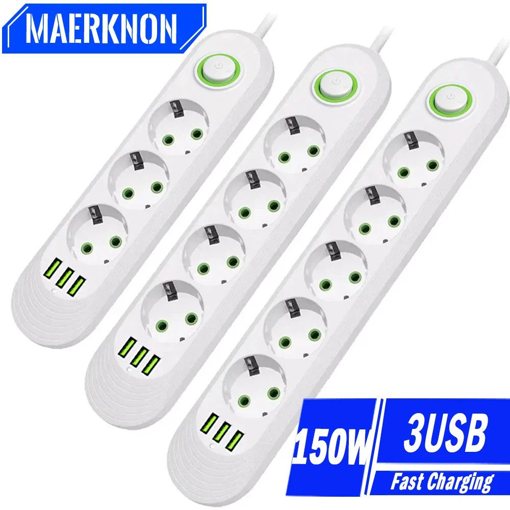 2500W EU Plug AC Outlet Multiprise Power Strip 2m Extension Cord Electrical Socket Network Filter with USB Ports Fast Charging