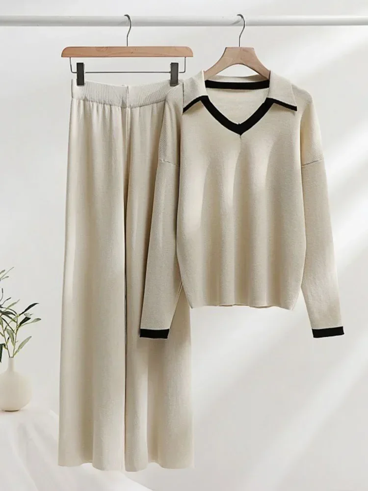 

Women Knitted Sweater 2 Pieces Korean Casual V-neck Knitwear Pullover Tops Conjuntos High Waist Wide Leg Pants Tracksuit L299