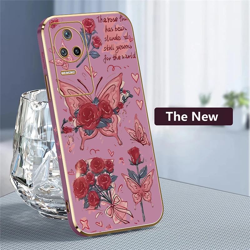 Poco F6 Painting Red Rose Flower Case For Xiaomi Poco F1 F3 GT F4 F5 F6 Pro Soft Red Butterfly Luxury New Plating Phone Cover