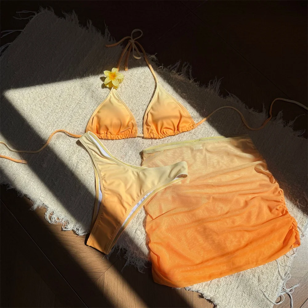 Seksowny gradientowy zestaw bikini z siateczkową spódniczką, strój kąpielowy Y2K z odkrytymi plecami, bikini na ramiączkach, strój plażowy dla kobiet na wakacje, stringi kąpielowe.