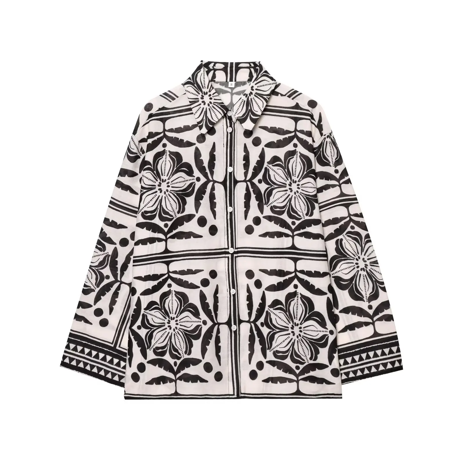 

Vintage Print Shirt Women Holiday Style Oversized Blouse Button-up Long Sleeve Shirts 2025 New Summer Fashion Loose Casual Top