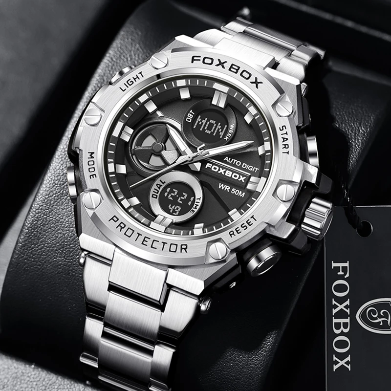 FOXBOX Military Watch for Men Top brand Luxury Sport Quartz Chronograph Wristwatches Casual Waterproof Dual Display Watch Men