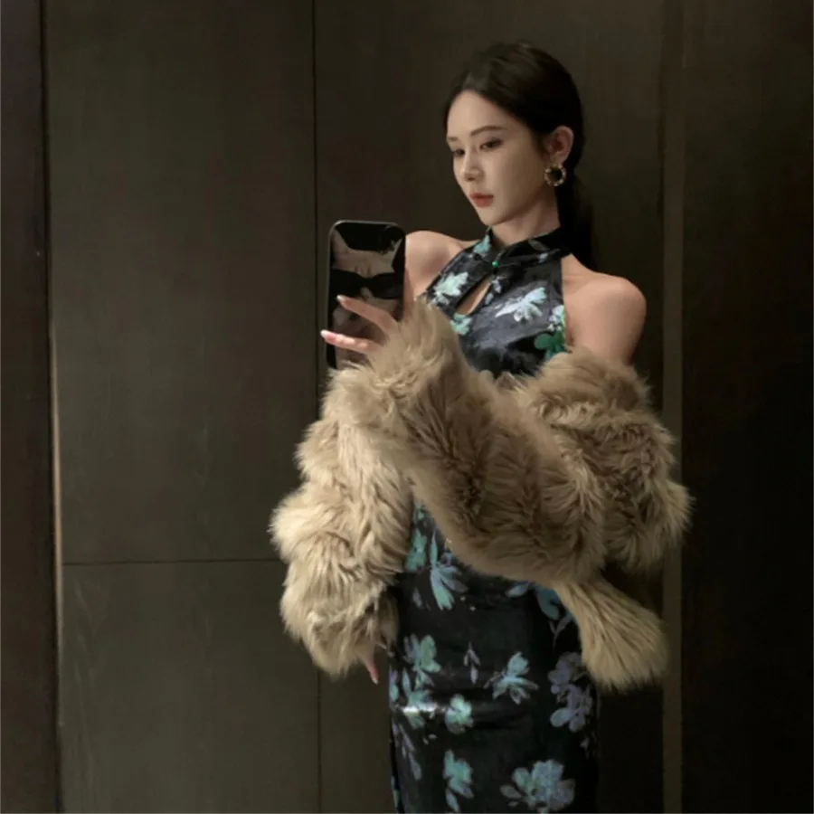 Neue Chinesische Sle Samt Druck Sexy Svel Abnehmen Wrap um mittlere Länge Bodycon Dr für Frauen Herbst Winter Faion