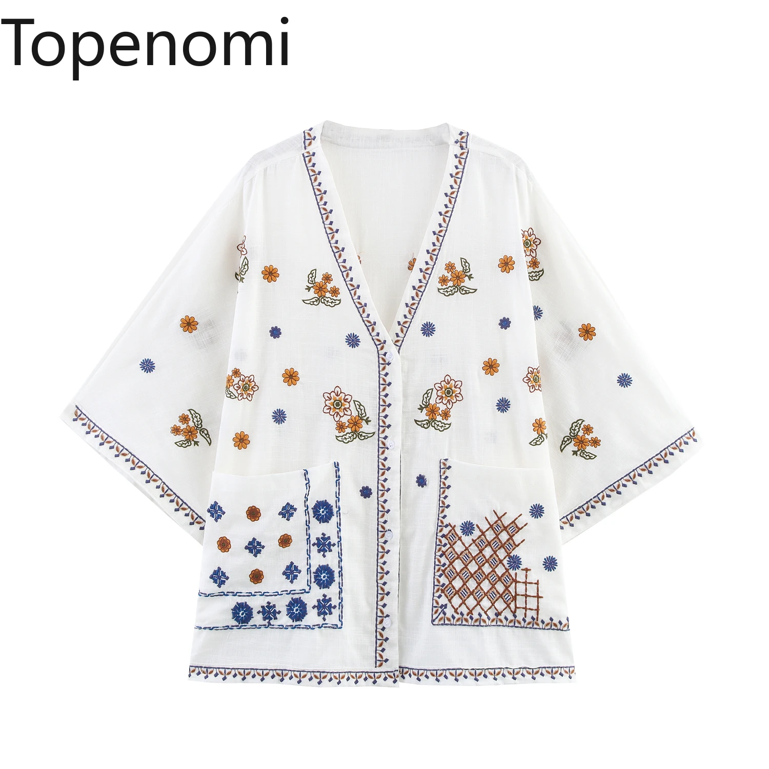 

Topenomi Vintage Embroidery V Neck Long Sleeve Shirt Women 2025 Summer Loose Short Sleeve Pockets Tops Vacation Fashion Blouse