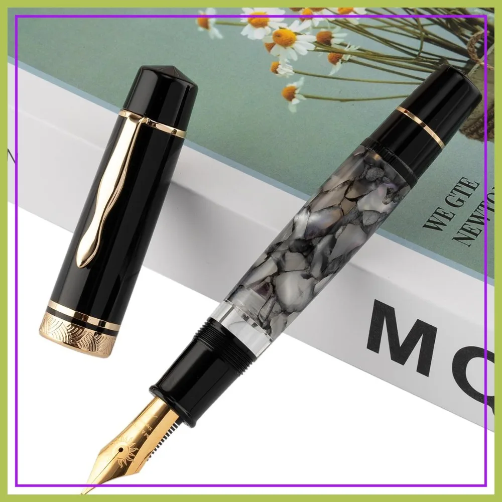 

Piston Fountain Pen No.8 Fine Nib with Box, Gray Marble Acrylic Large Capacity Writing Pen