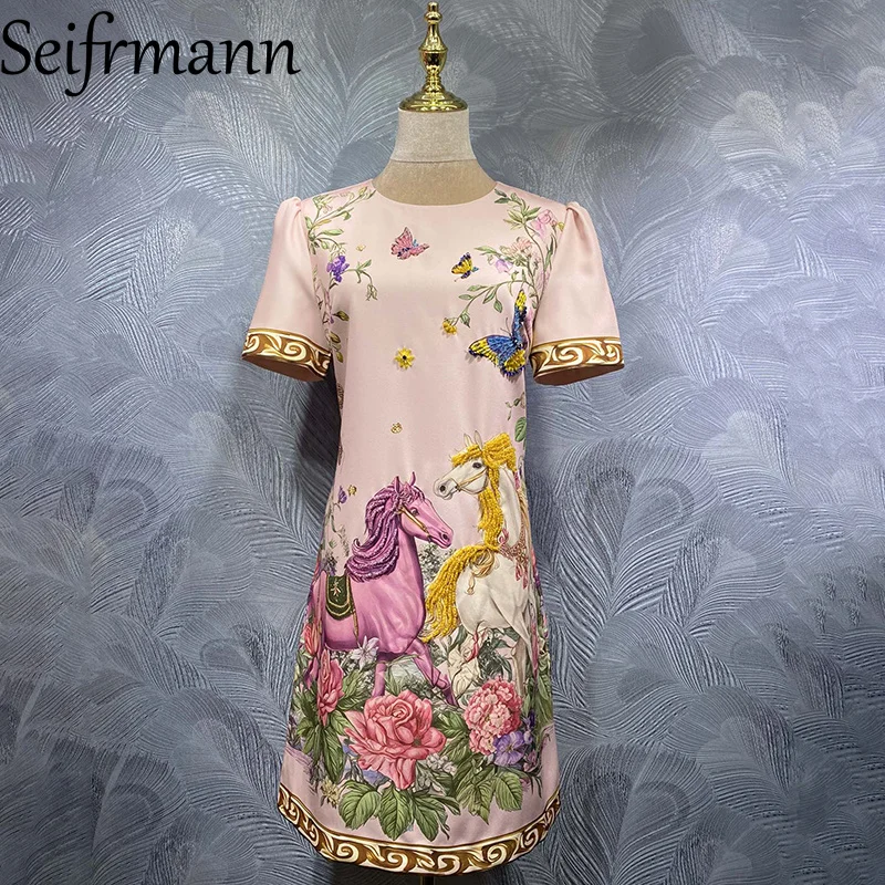 Seifrmann 2026 Spring Women's New clothing Fashionable Round Neck Short Sleeve Printed Nail Bead Dress