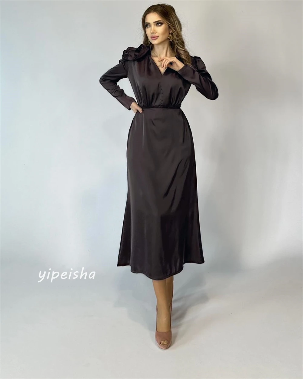 ที่กําหนดเอง es ดอกไม้ Draped Pleat Homecoming A-Line V คอ Bespoke โอกาสชุด Midi ชุด