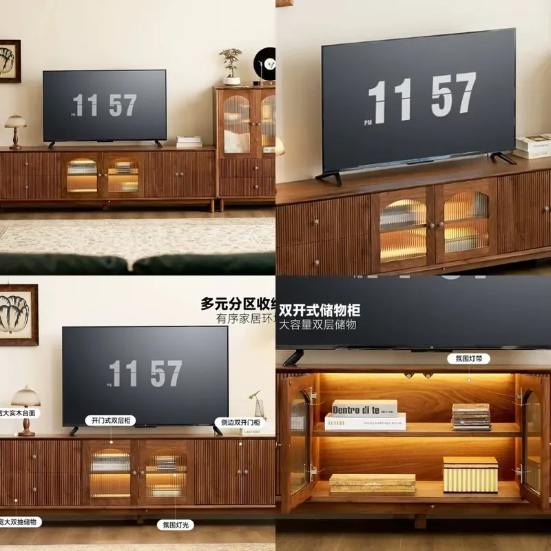 For North American Black Walnut Solid Wood TV Cabinet French Retro Style Living Room Storage Console Home Entertainment