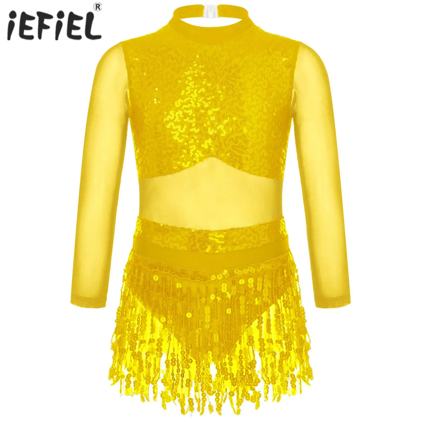 Kids Girls Jazz Ballet Dance Dress Mesh Long Sleeve Round Collar Shiny Sequins Hollow Back Patchwork Style Tassel Dance Dress