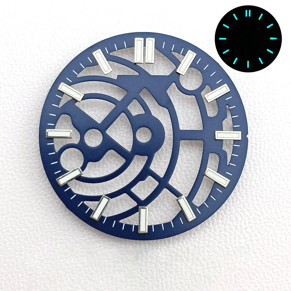 28.5mm 다이얼 홀로우 아웃 다이얼 NH70/NH72 무브먼트 호환 블루-그린 야광 고품질 다이얼 시계 개조 액세서리