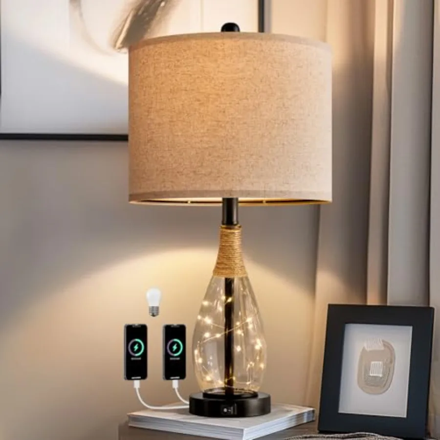 

Bedside Table Lamp with USB 23'' Modern Nightstand Lamps for Bedroom Retro Rattan Table Lamps for Night Stands Living Room Farm